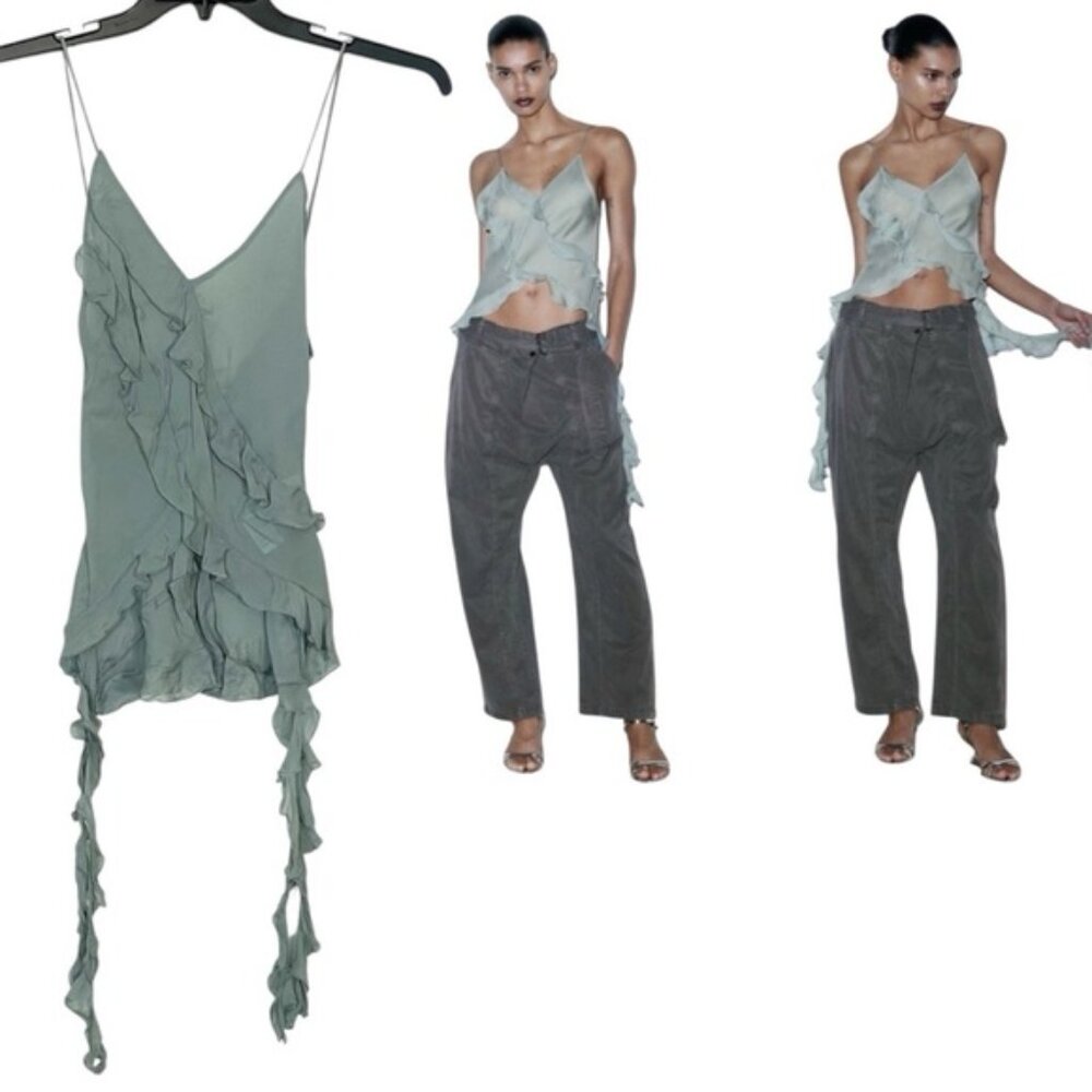 Zara Strappy Semi-Sheer Tank Top Ruffles Green Coquette Fairy Womens Size XS